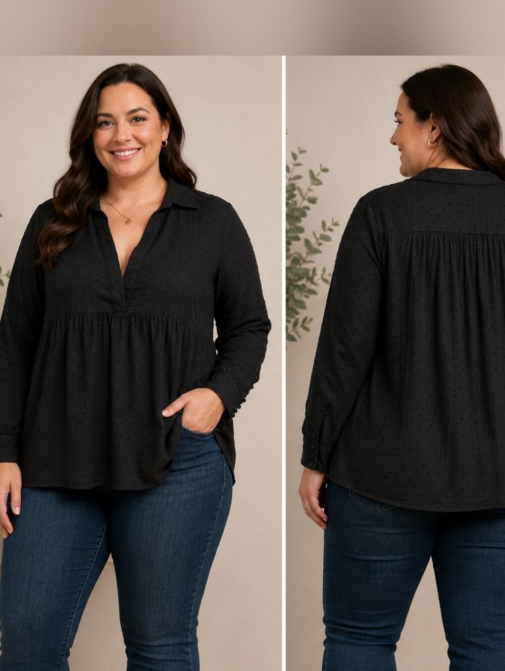 Roaman’s Black Swiss Dot Tunic Blouse 18W